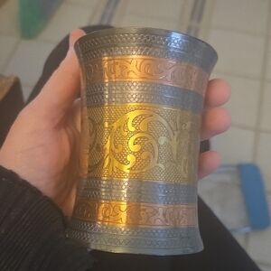 Decorative Metal Tumbler with Gold and Copper Accents